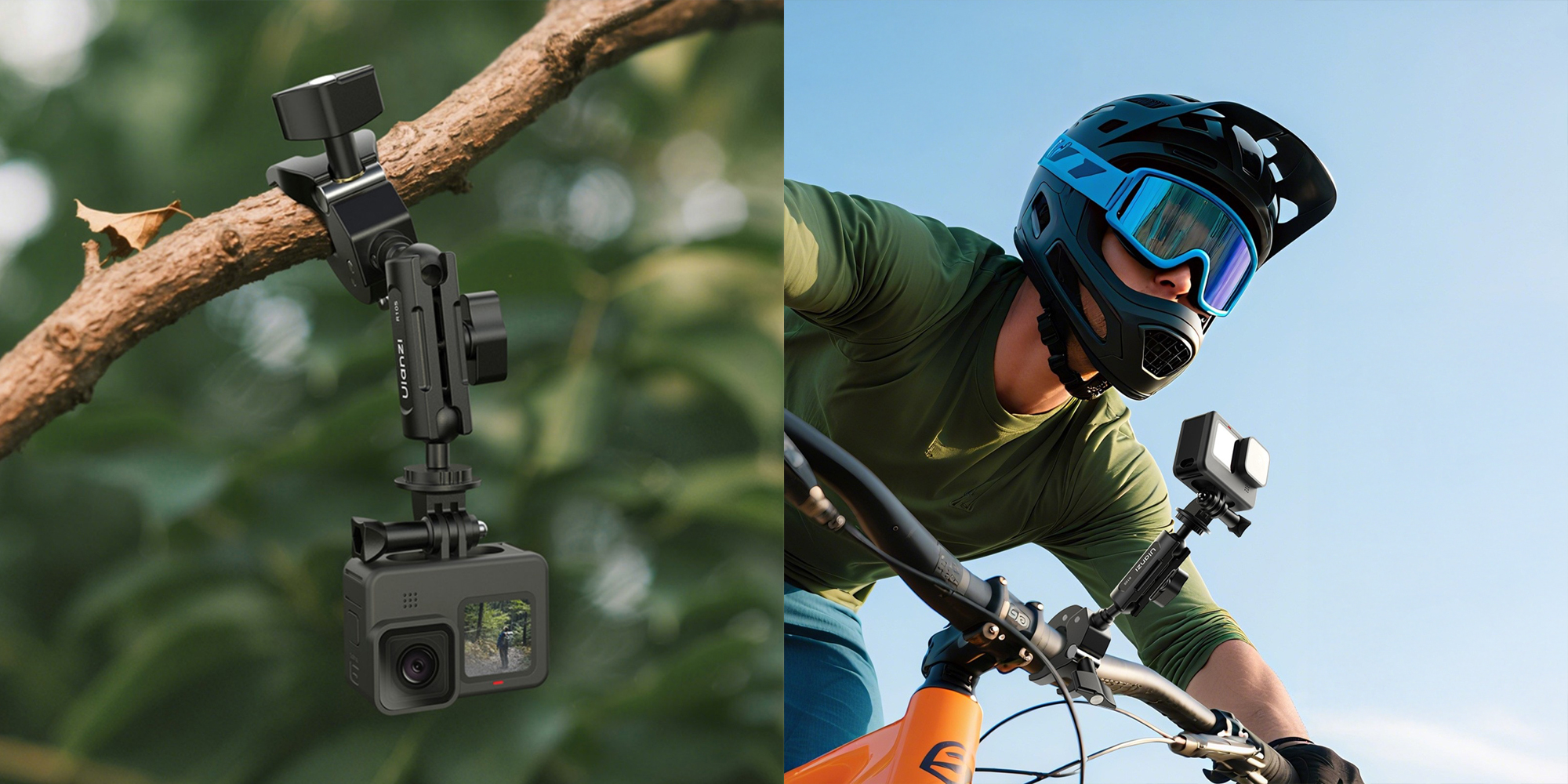 width=100% Ramię montażowe Ulanzi R105 z uchwytem Super Clamp na gałęzi i na rowerze